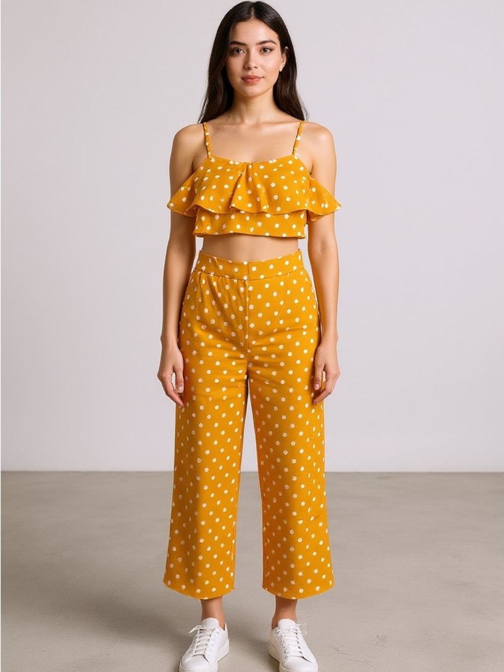 SHEIN Yellow Polka Dot Cropped Wide-Leg Pants Set